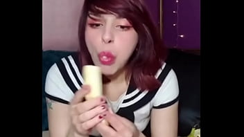Emo girl pukes with a fat dildo in her throat