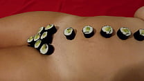 Big tits latina milf serves sushi rolls off her naked body